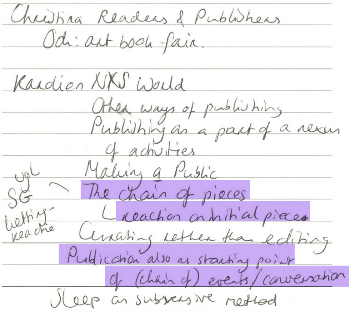 Christina Readers & Publishers. Ook: art book fair. Karolien NXS World: Other ways of publishing. Publishing as a part of a nexus of activities. Making a Public. Vergelijk SG ketting-reactie 🠐 The chain of pieces 🠒 reaction on initial piece. Curating rather than editing. Publication also as starting point of (chain of) events/conversation. Sleep as subversive method.