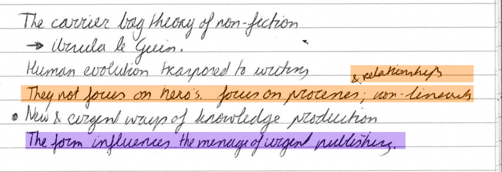 The carrier bag theory of non-fiction. 🠒 Ursula le Guin. Human evolution transposed to writing. They do not focus on hero's, focus on process & relationships; non-linearity. New & urgent ways of knowledge production. The form influences the message of urgent publishing.