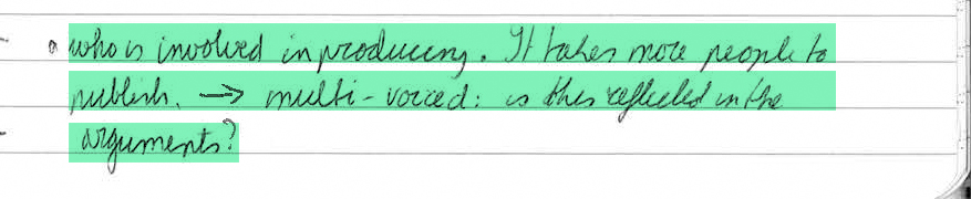 Who is involved in producing. It takes more people to publish. 🠒 multi-voiced: is this reflected in the arguments?