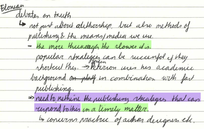 Florian: debates on truth ðŸ ’ not just about authorship, but also methods of publishing & the means/media we use. The more thorough the slower it is. Popular strategies can be successful if they shortcut this. ðŸ ’ Jordan Peterson uses his academic background in combination with fast publishing. â€¢ Need to rethink the publishing strategies that can respond to this in a timely matter. ðŸ ’ concerns practice of authors, designers, etc.