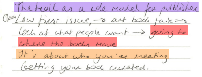 Clara: The troll as a role model for publisher. Low first issue 🠒 art book fair 🠒 look at what people want 🠒 going to where the books move. It's about who you're meeting. Getting your book curated.