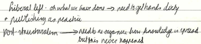 Liberal left - on what we have done 🠒 need to get hands dirty. Publishing as practice. Post-structuralism 🠒 need to reorganize how knowledge is spread but this never happened.