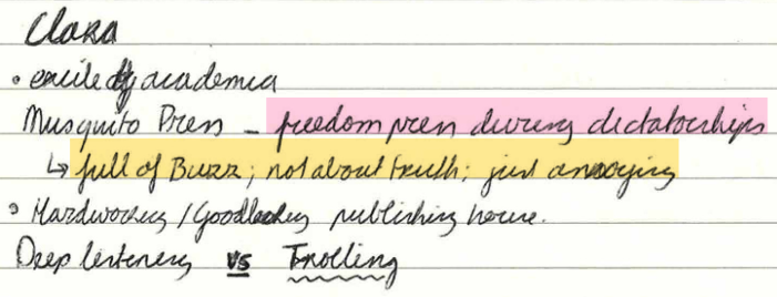 Clara: exile of academia. Mosquito Press - freedom press during dictatorship 🠒 full of buzz; not about truth; just annoying. Hardworking/Goodlooking publishing house. Deep listening VS Trolling.